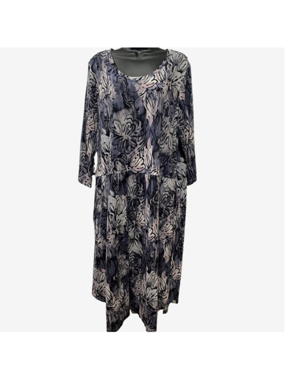 LOGO Lori Goldstein Floral Print Dress Size 2XP Blue Gray Pockets 3/4 Sleeves